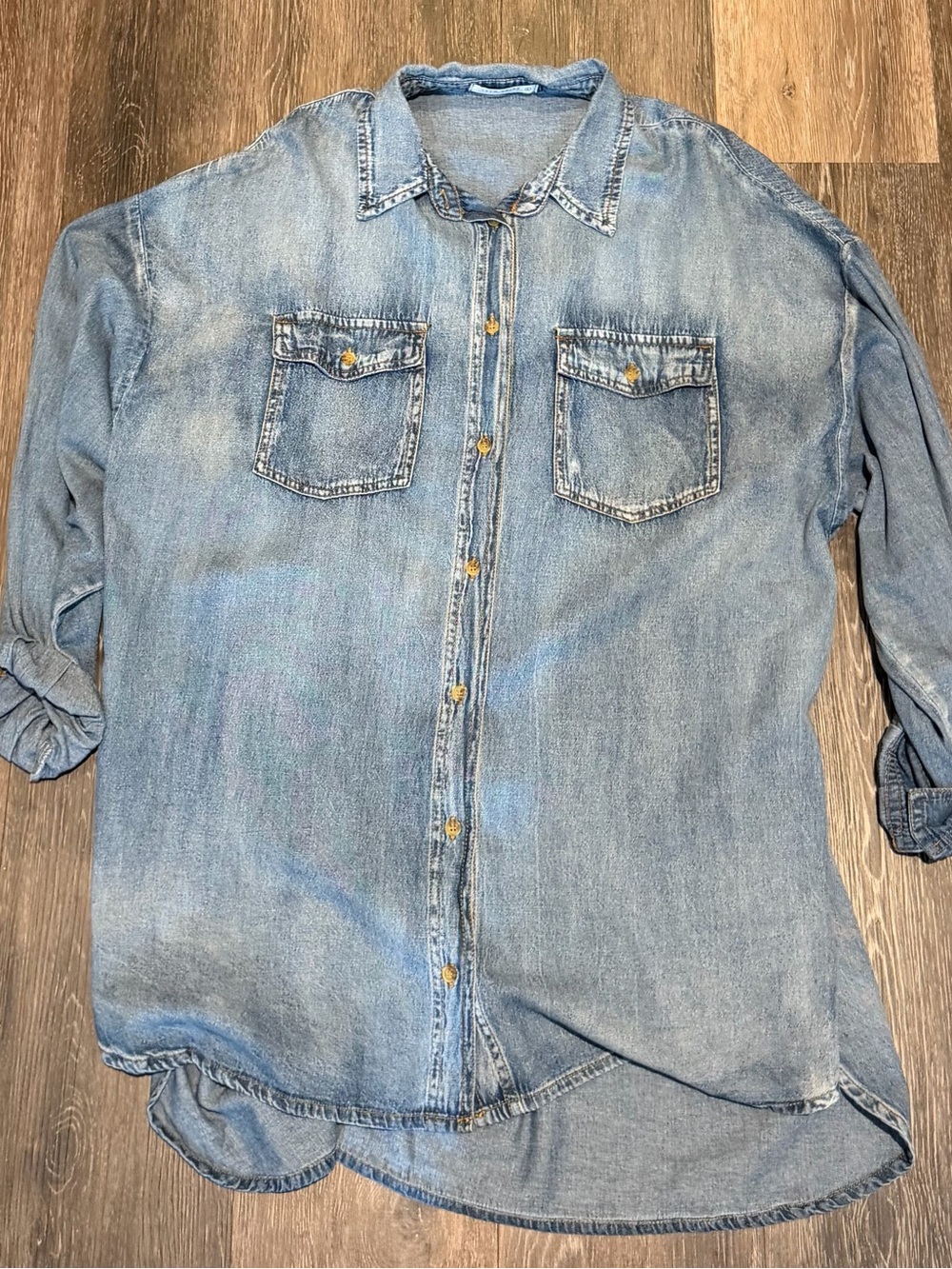 Light Blue Denim Button-Up Shirt Dress - Picture 1 of 3